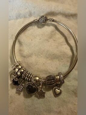 Authentic .925 Pandora Sterling Silver Heart Charm Bangle Bracelet - 10 charms